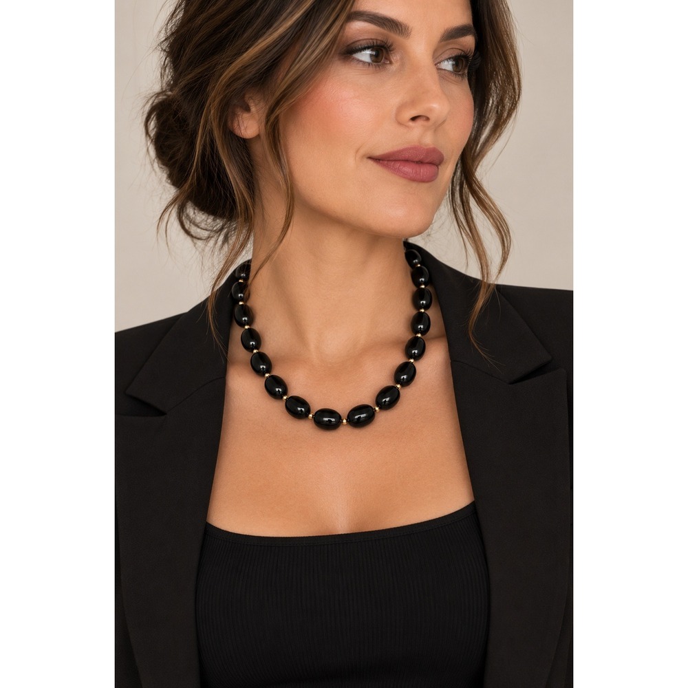 Monet Black Gold Graduated Bead Necklace Classic Preppy Quiet Luxury MCM